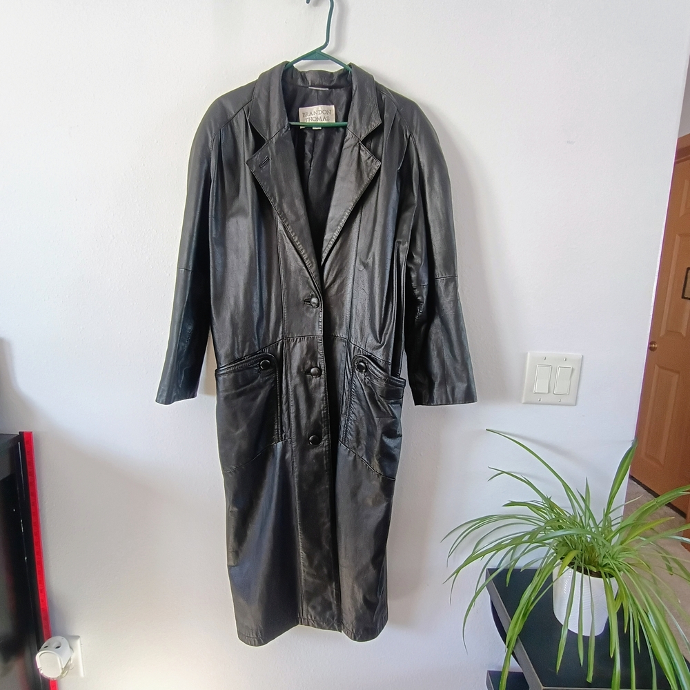 Brandon Thomas Black Genuine Leather Long Coat Button Front Jacket M
